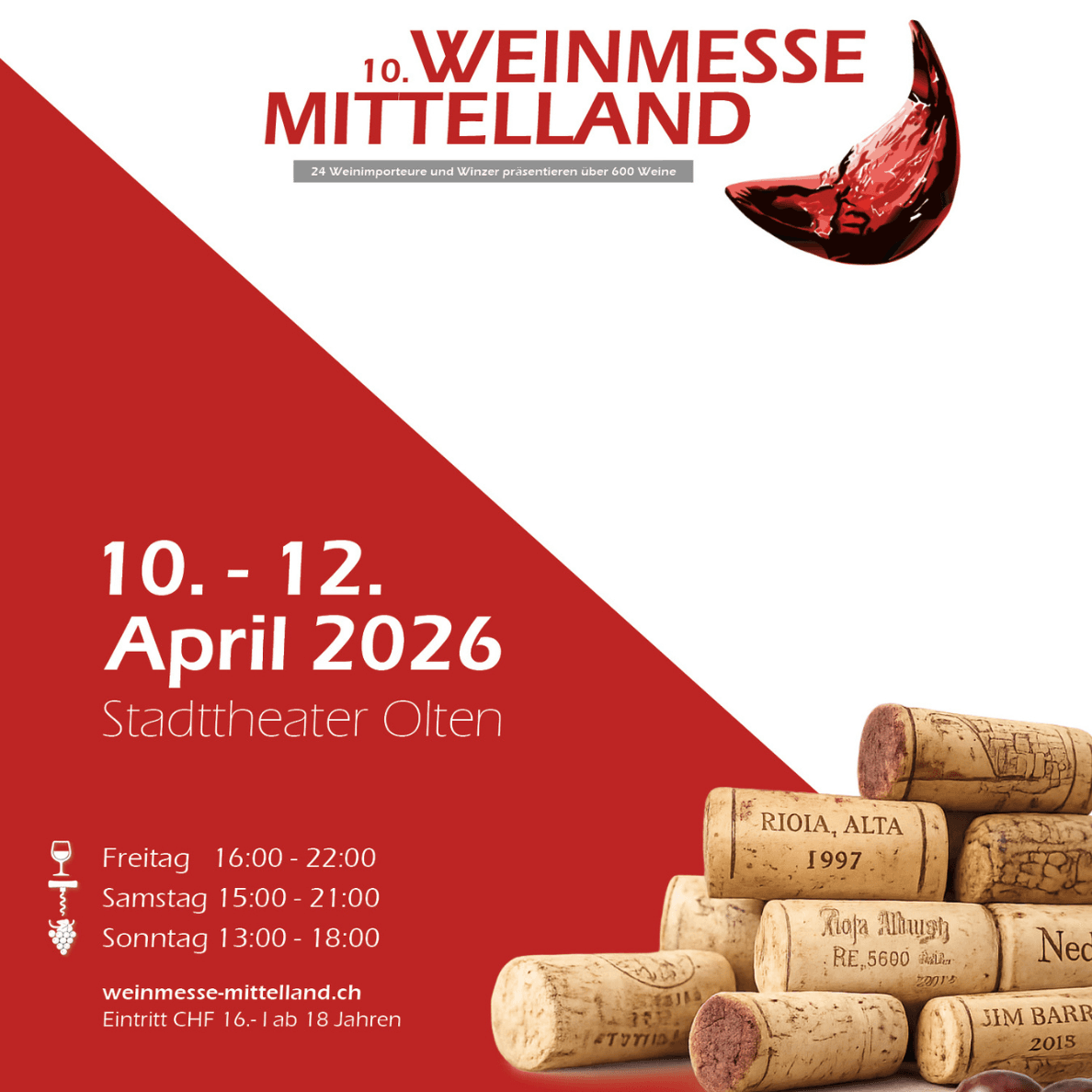 10. Weinmesse Mittelland, 10.–12. April 2026, Stadttheater Olten